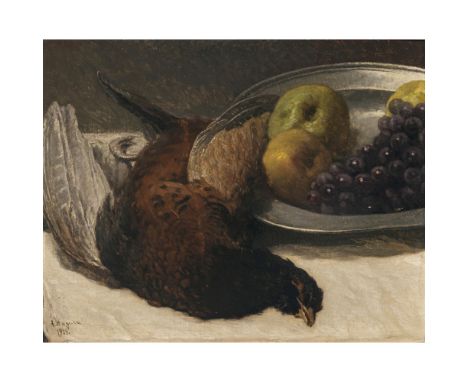 Albert Stagura1866 Dresden - 1947 Gstadt am ChiemseeStillleben mit Äpfeln, Trauben und einem RebhuhnR. u. signiert und 1928 d