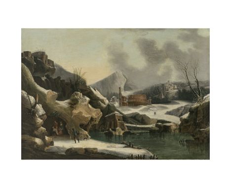 Francesco Foschi, zugeschrieben 1710 Ancona - 1780 Rom  Phantastische winterliche Gebirgslandschaft mit antiken Ruinen.  R. u