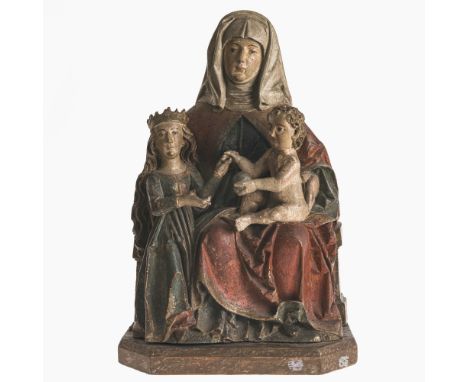 Hl. Anna SelbdrittHans Herlin (tätig Memmingen ca. 1500 bis 1515), um 1510Anna auf Bank thronend und mit beiden Armen Maria u
