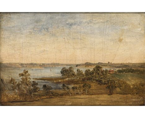 England (?) 1. Hälfte 19. Jh."On the Medway"Seenlandschaft. Rücks. auf dem Rahmen altes Etikett mit Zuschreibung an John Cons