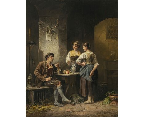 Anton Seitz 1829 Roth bei Nürnberg - 1900 München  Angenehme Unterhaltung  Ein Bauernbursch im Gespräch mit zwei jungen Fraue