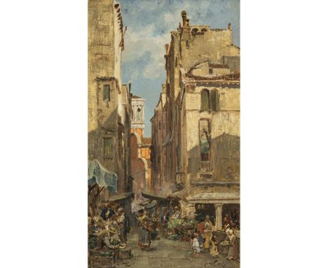 Carl Wuttke 1849 Trebnitz (Schlesien) - 1927 München  Straßenszene in Venedig  Im Vordergrund mehrere Marktstände. R. u. sign