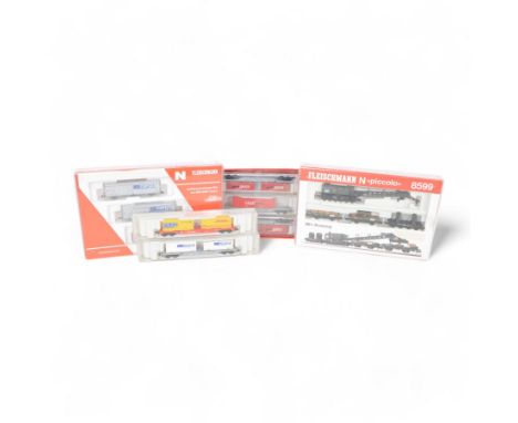 Fleischmann 'N' gauge rolling stock, comprising 8599 90 Ton Breakdown Crane, 825201 Cross Rail 3 Wagon Set, 837301 SBB Cargo 