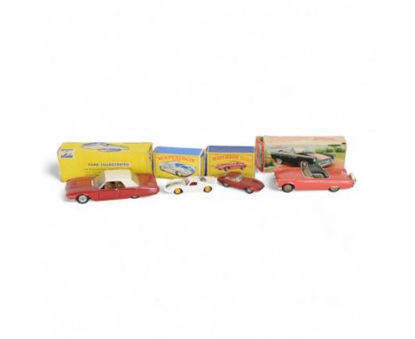 Four diecast models, comprising Solido Ford Thunderbird no. 128, Tekno Ford Thunderbird Lukket 820 and two Lesney Matchbox ca
