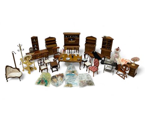 1:12 scale dolls house hallway and dining room furniture, including hat stand, mannequin, dressers and cabinets with ceramic 