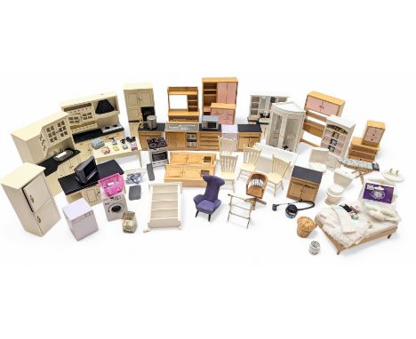 Modern 1:12 scale dolls house furniture, comprising pine kitchen set, with wall cabinets, floor cabinets and sink unit, white