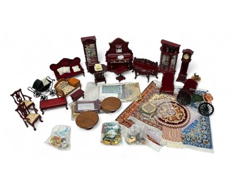 1:12 scale dolls house furniture and accessories, including mahogany dressers, display cabinets, side boards, chairs, sofa an