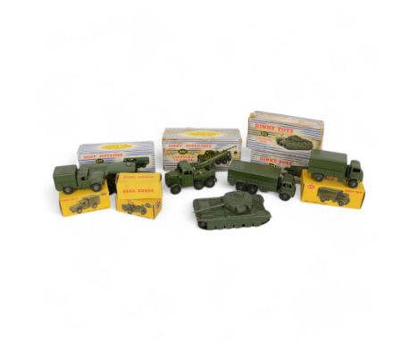 Eight Meccano Dinky Toys military diecast models, comprising Recovery Tractor no. 661, Centurion Tank no. 651, 10-Ton Army Tr