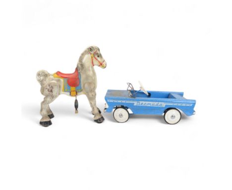 Triang Bermuda tin plate ride on car, in blue finish, together with a Mobo Bronco ride on horse, with Sebel product limited d