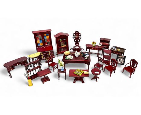 1:12 scale dolls house games room/drawing room furniture and accessories, bookcase, games table, drinks cabinet, dart board, 