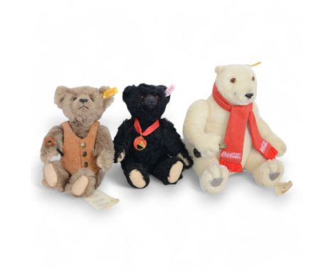 Three Steiff teddy bears, comprising Coco-Cola Polar Bear no. 65483, boxed, RMS Titanic Centenary bear and Grandpa bear 65452