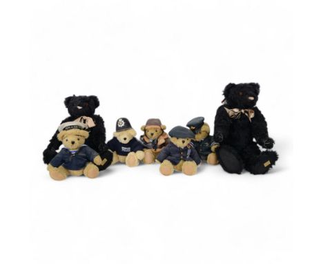 Collection of teddy bears, including two Merrythought Alpha Farnell replica bears, the Original Bobby Bear and four Great Bri