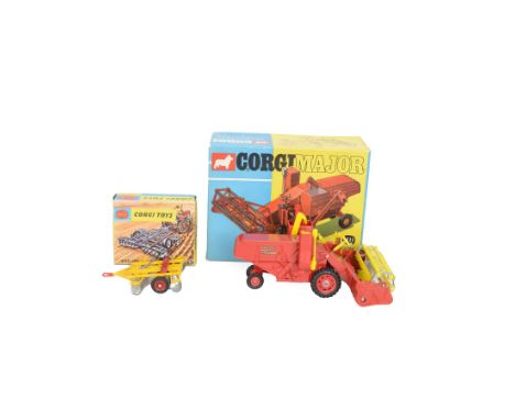 Corgi Major Massey Ferguson 780 Combine Harvester no. 1111 and a Corgi Toys Wheel Controlled Tandem Disc Harrow no. 71, both 