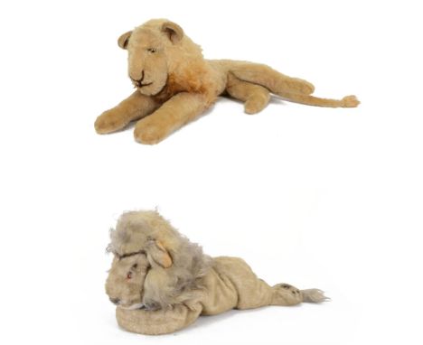 Mid 20th century Steiff lion, in recumbent pose with button in ear, together with a lion pyjama case by Merrythought, Steiff 