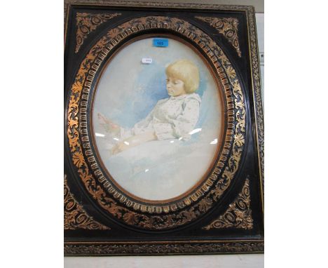 British school - oval portrait of a young girl reading, watercolour, 40cm x 30cm mounted in an ebonized and gilt frame, along