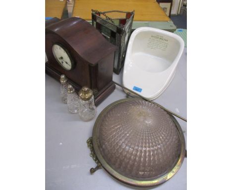 Mid 20th century lights, a mahogany cased mantle clock, a slipper bed pan and other items 