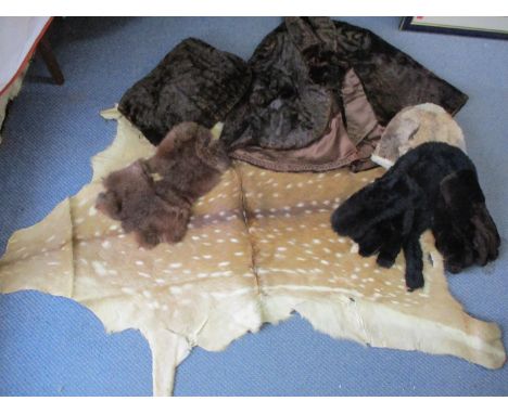 A vintage deer hide A/F, together with fur clothing to include a beaver lamp camp and a hand muff 