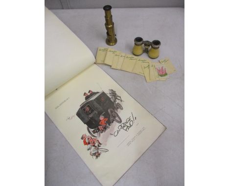Collectables to include a pocket microscope Kensitas cigarette cards, opera glasses, a Spencer, Turner and Boldero Ltd calend