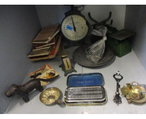 Vintage kitchen scales, vintage Ordinance survey maps, an early 20th century metal animal shaped nutcracker, a 1985 Renault B