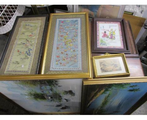 Asian related items to include a 20th century Chinese porcelain panel, oil paintings, prints, embroidered panels and a lamp 