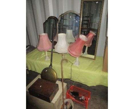 A mixed lot to include a vintage cold box, warming pan, mirrors, table lamps, tools and other items 