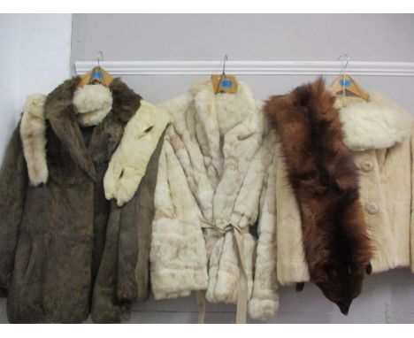 A vintage red fox stole, mixed artic rabbit purses and evening bags, along with three fur jackets, A/F to include rabbit 