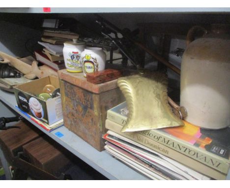 A mixed lot to include LP records, vintage Weston Biscuits tin, cased weighing scales, fireside implements and other items 