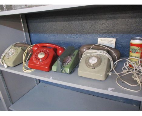 Five vintage landline telephones to include a Budweiser novelty phone 