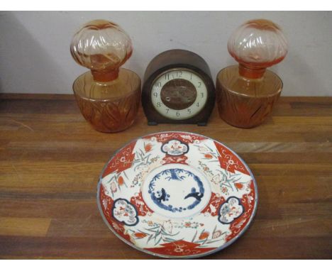 A pair of French 'Faberge' brown glass oversized scent bottles, 30cm high, a Smiths oak cased mantle clock and an early 20th 