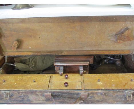 A vintage carpenters box with tools including a moving Fillester plane, English chisels, old woman's tooth plane, Record078 p
