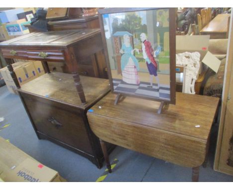 Mixed furniture to include a fall flap table, firescreen, cut down table and a coffer 