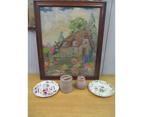 A 1940's tapestry, two Poole Pottery Sylvan ware Brunt Baccy Taunton A/F and two plates 