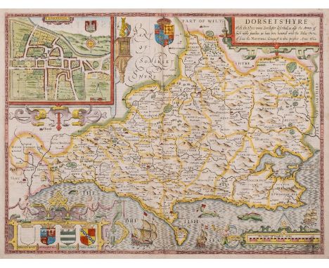 Dorset.- Speed (John) Dorsetshyre, county map with inset plan of Dorchester, engraving with hand-colouring, platemark 383 x 5