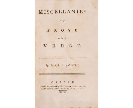 Friend of Samuel Johnson.- Jones (Mary) Miscellanies in prose and verse, first edition, list of subscribers, woodcut head- an