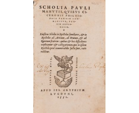 Manutius (Paulus) Scholia, quibus Ciceronis philosophia partim corrigitur, partim explanatur, near contemporary ink inscripti