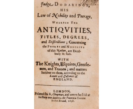 [Bird (William)] Judge Dodaridge, his Law of Nobility and Peerage..., trimmed at head, occasionally shaving headline or pagin