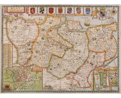 Kent.- Speed (John) Kent, county map with inset maps of Rochester and Canterbury, engraving with original hand-colouring, pla