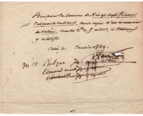 BALZAC HONORE DE: (1799-1850) French Novelist and Playwright. D.S., Balzac, one page, oblong 8vo, Paris, January 1849, in Fre