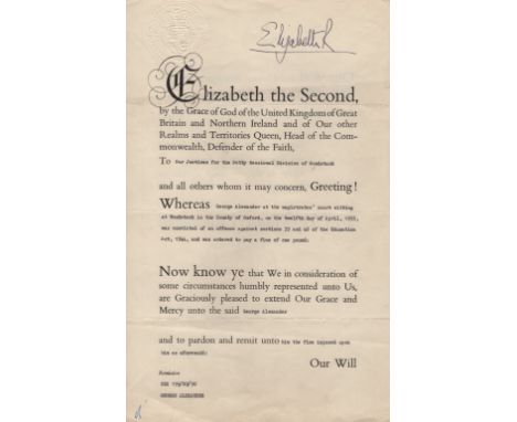 ELIZABETH II: (1926-     ) Queen of the United Kingdom1952-    . D.S., Elizabeth R, as Queen, at the head, two pages, folio, 