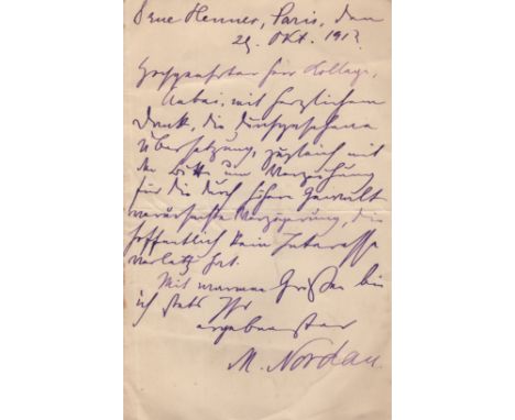 NORDAU MAX: (1849-1923) Zionist Leader and Physician, co-founder of the World Zionist Organisation with Theodor Herzl. Small 
