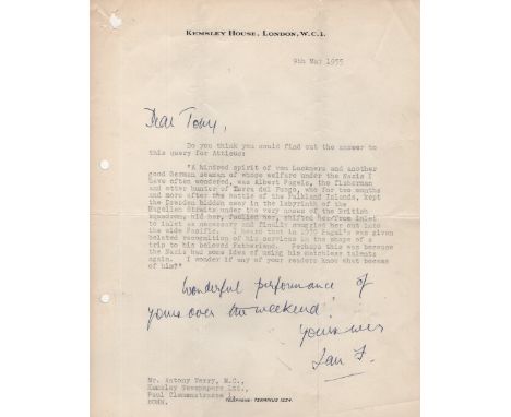 FLEMING IAN: (1908-1964) British Author, creator of the secret agent James Bond. T.L.S., Ian F., with holograph salutation an