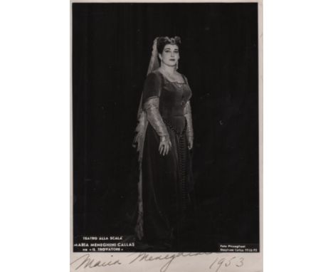 CALLAS MARIA: (1923-1977) American-born Greek Soprano. Vintage signed and inscribed 5 x 7 photograph of Callas standing in a 