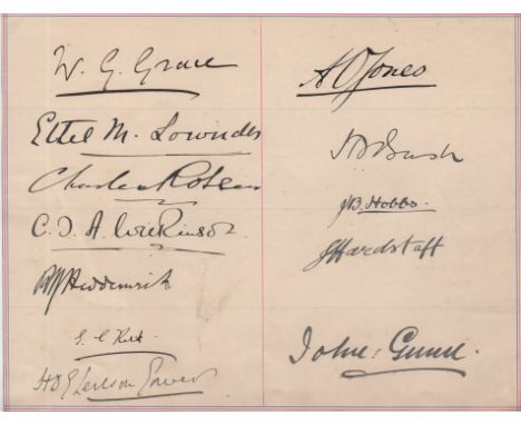 CRICKET: A good and unusual set of twelve vintage signatures by a ‘country house’ XI and official on an attractive red and bl