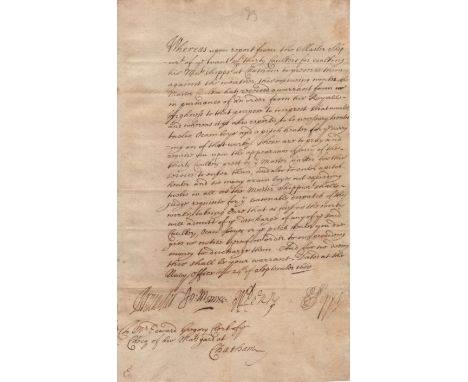 PEPYS SAMUEL: (1633-1703) English Naval Administrator and Diarist. D.S., S Pepys, one page, folio, Navy Office, 24th Septembe