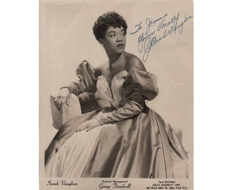VAUGHAN SARAH: (1924-1990) American Jazz Singer. Vintage signed and inscribed 8 x 10 photograph of Vaughan seated in a three 