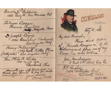 KELLAR HARRY: (1849-1922) American Magician. A good, scarce A.L.S., Harry Kellar, two pages, 8vo, Los Angeles, California, 21