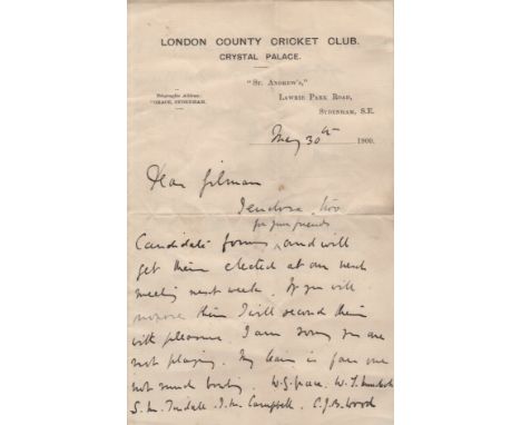 GRACE W. G.: (1848-1915) English Cricketer. A good A.L.S., W. G. Grace, two pages, 8vo, Sydenham, London, 30th May 1900, to [