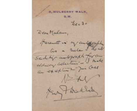 DICKENS HENRY FIELDING: (1849-1933) English Barrister, son of the novelist Charles Dickens. A.L.S., Henry F Dickens, one page