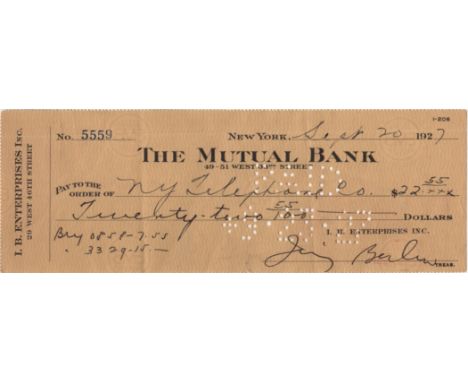 BERLIN IRVING: (1888-1989) American Composer and Lyricist. D.S., Irving Berlin, being a signed cheque, New York, 20th Septemb