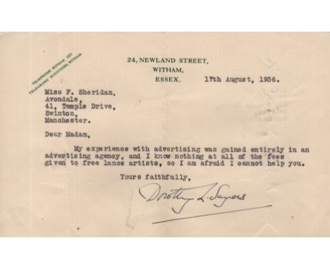 SAYERS DOROTHY L.: (1893-1957) British Author, creator of the amateur sleuth Lord Peter Wimsey. Brief T.L.S., Dorothy L. Saye